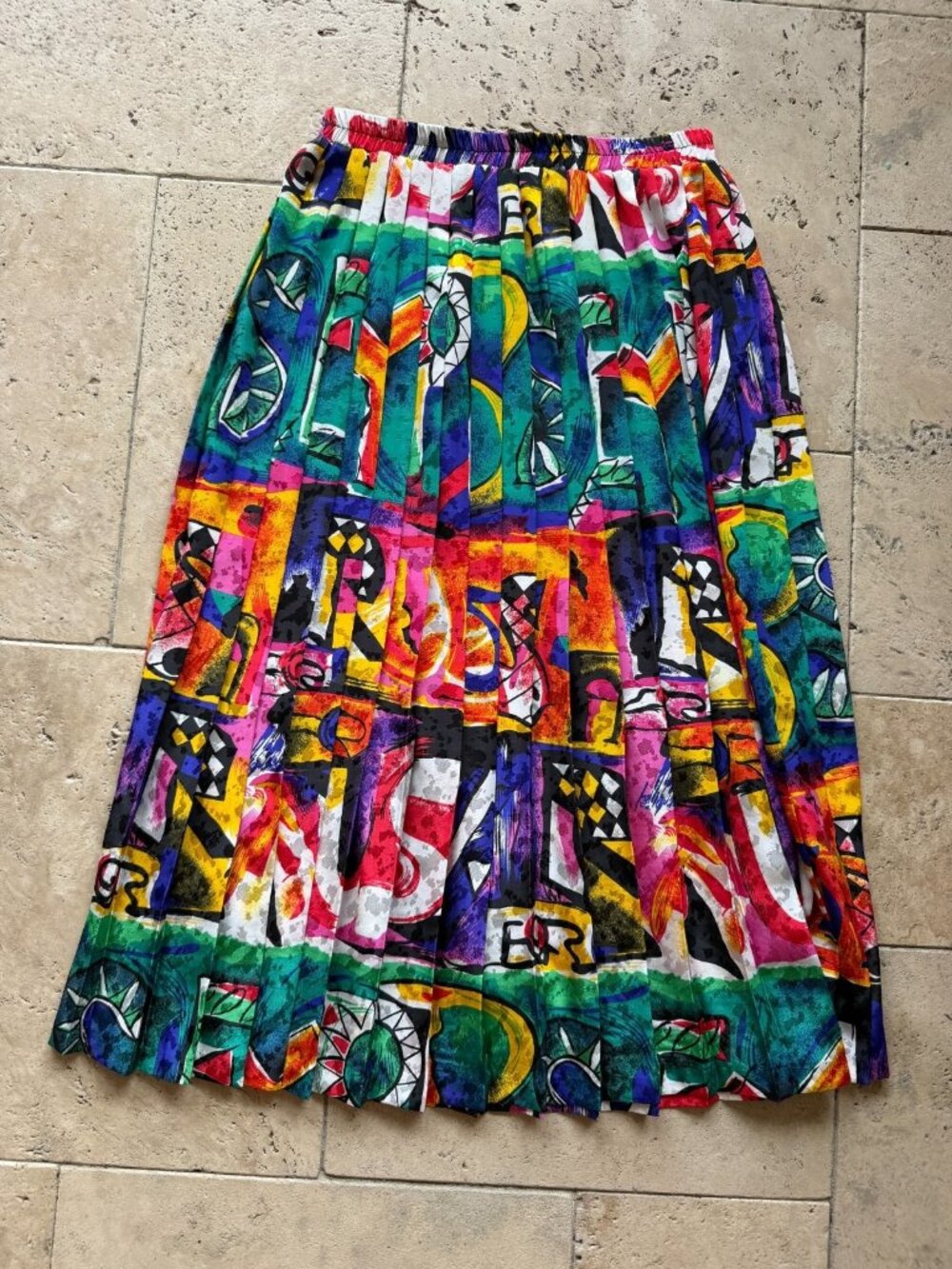 No Brand Vintage pleated alpabet skirt colorful abstract polyester 14 elastic